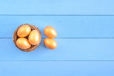 a bird's nest with three golden eggs in it and two on the side with blue background