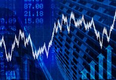 blue financial ticker board and arrows going up with white moving average