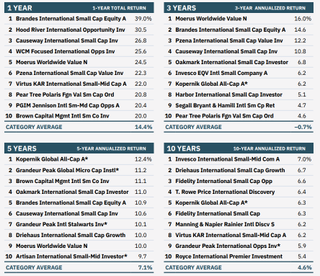 lists of best-performing small- and mid-cap foreign stock mutual funds over the last 1, 3, 5, and 10 years